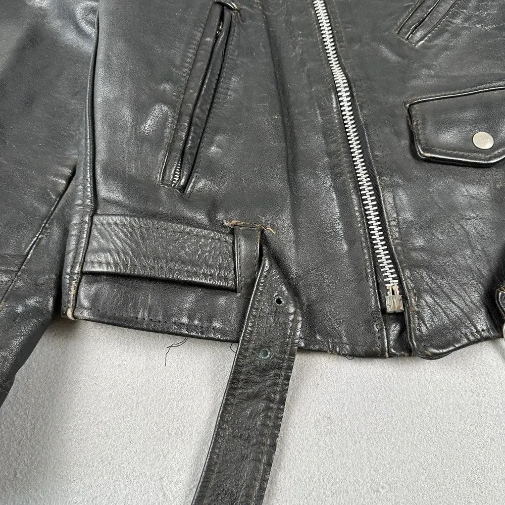 Vintage 60s 70s Leather Motorcycle Jacket Men's 40 Black Unlined Belted Biker